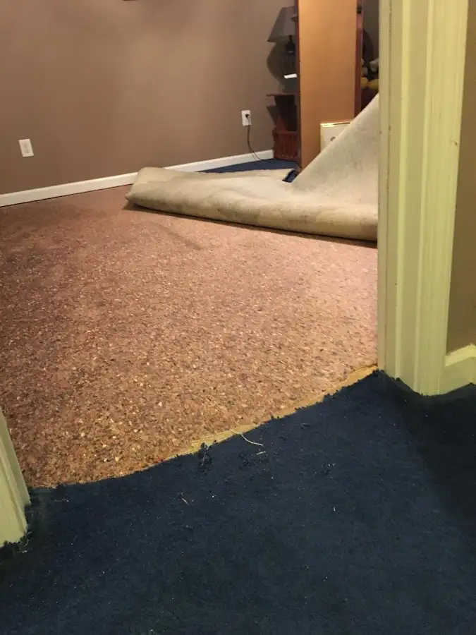 Carpet pad removal revealing water damage during Drying & Dehumidification in Southaven